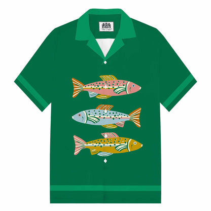 Colorful Fish Print Camp Collar Short Sleeve Shirt