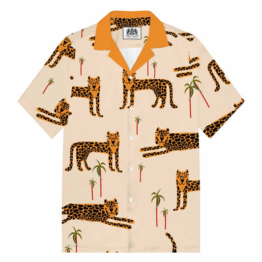 Tropical Leopard Print Camp Collar Short Sleeve Shirt