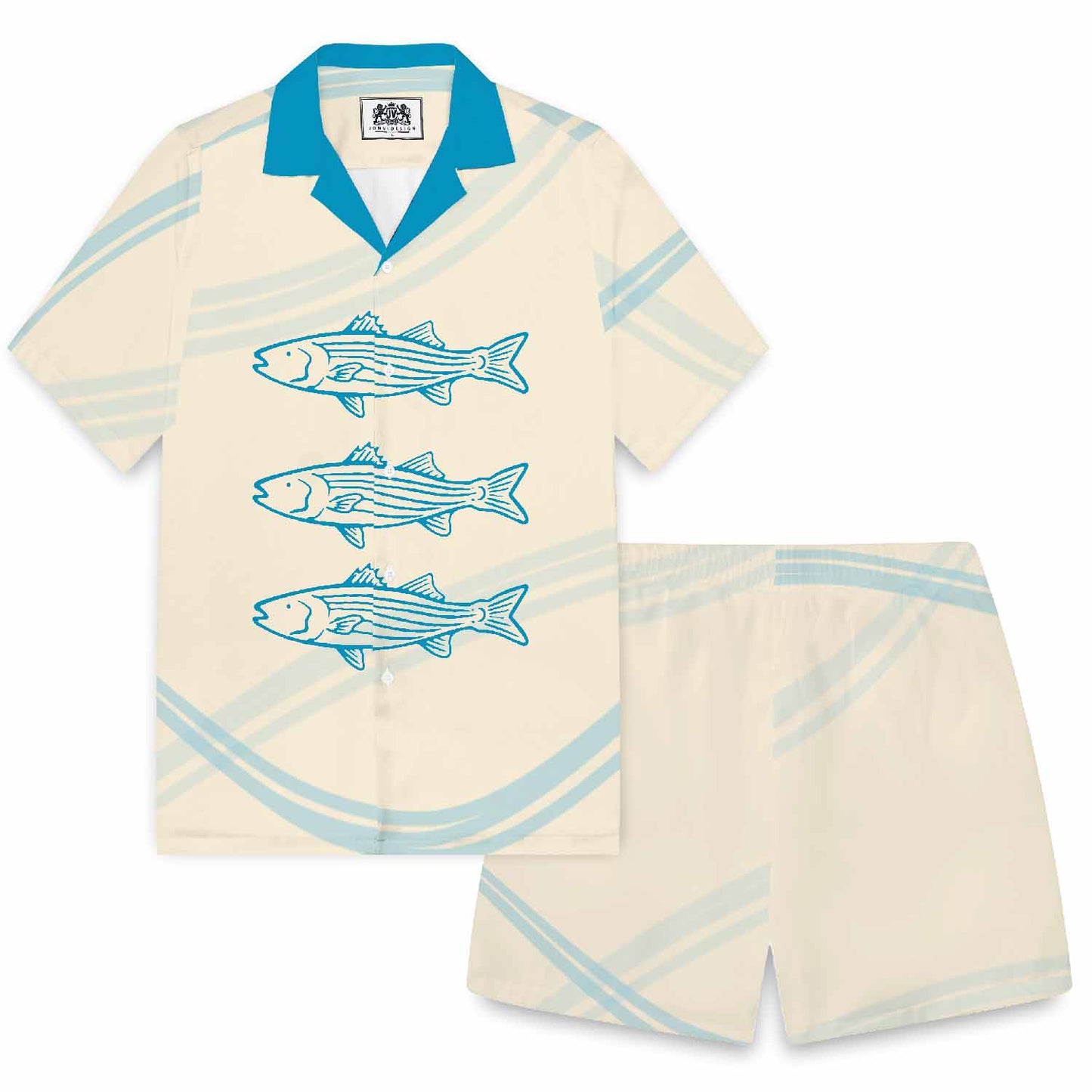 Striped Fish Print Blue Camp Collar Casual Short Sleeve Shirt