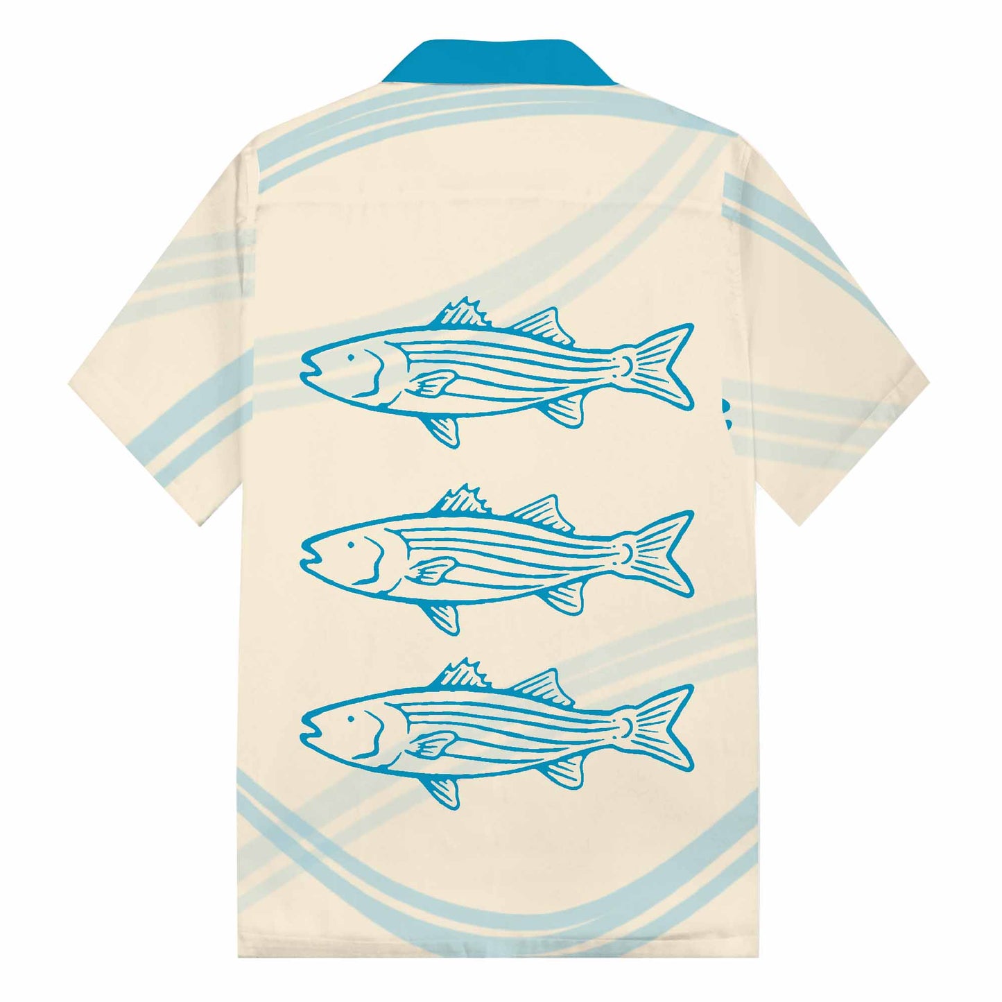 Striped Fish Print Blue Camp Collar Casual Short Sleeve Shirt