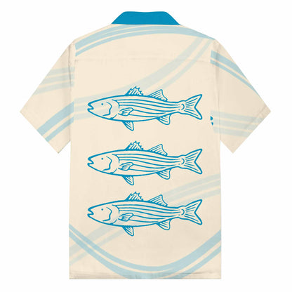 Striped Fish Print Blue Camp Collar Casual Short Sleeve Shirt