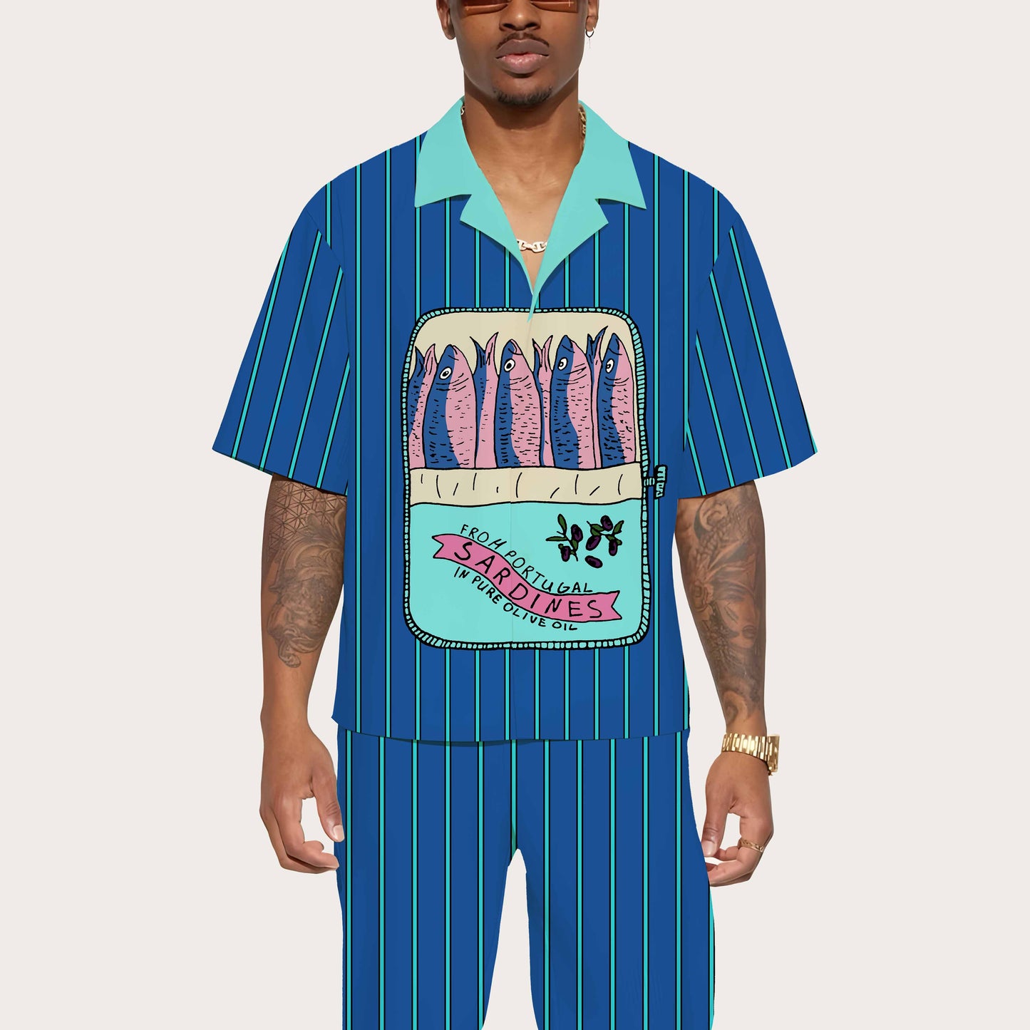 Blue Striped Vintage Sardines Short Sleeve Shirt