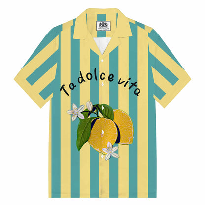 Striped Lemon Fruit And Lemon Flower Pattern Camp Collar Short Sleeve Shirt
