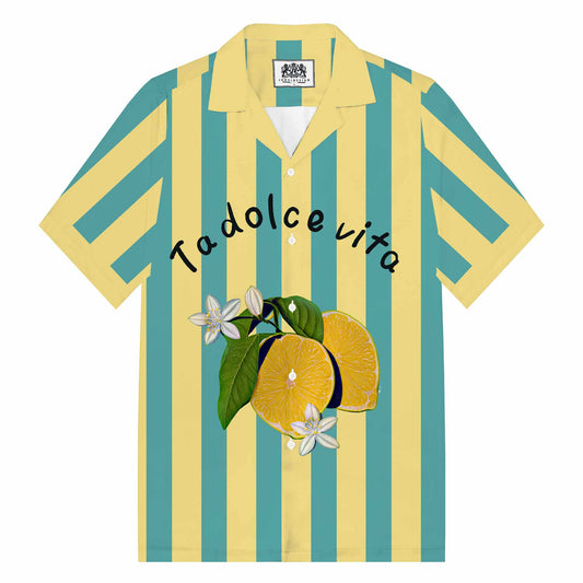Striped Lemon Fruit And Lemon Flower Pattern Camp Collar Short Sleeve Shirt