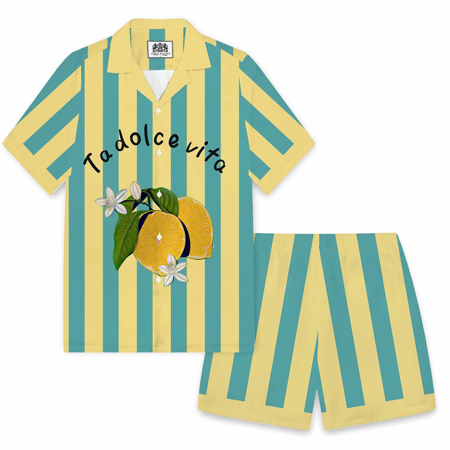 Striped Lemon Fruit And Lemon Flower Pattern Elastic Waistband Summer Casual Shorts