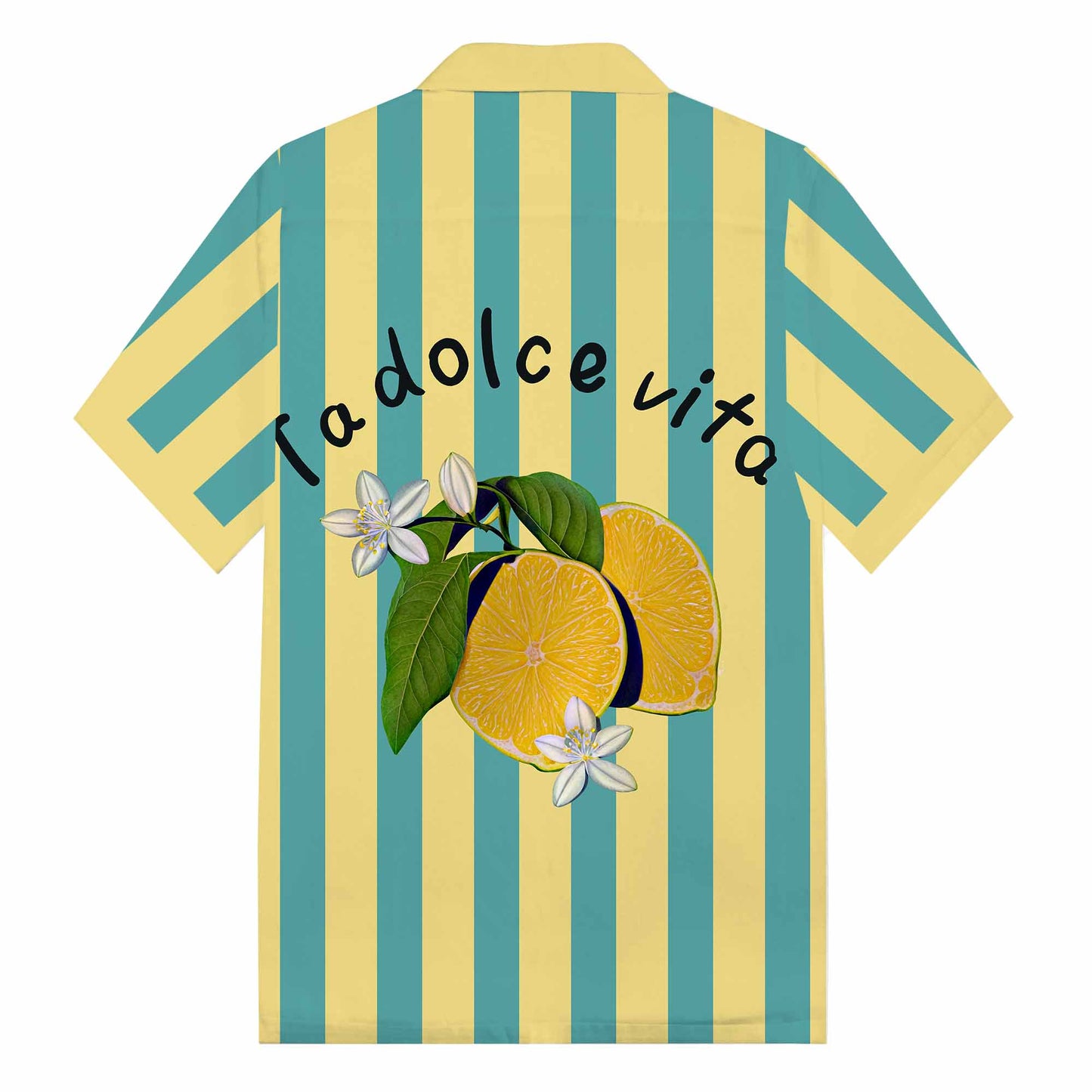 Striped Lemon Fruit And Lemon Flower Pattern Camp Collar Short Sleeve Shirt