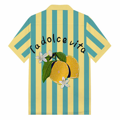 Striped Lemon Fruit And Lemon Flower Pattern Camp Collar Short Sleeve Shirt