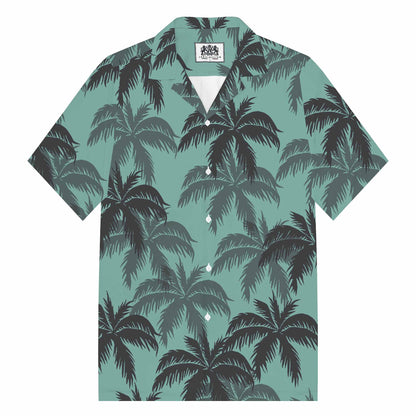 Green Hawaiian Leaf Pattern Camp Collar Short Sleeve Shirt
