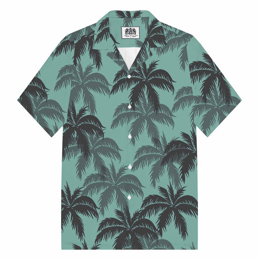 Green Hawaiian Leaf Pattern Camp Collar Short Sleeve Shirt