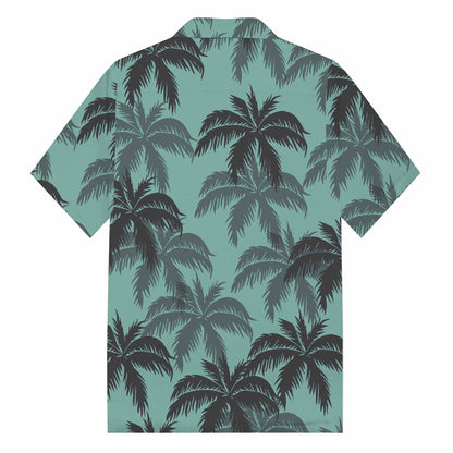 Green Hawaiian Leaf Pattern Camp Collar Short Sleeve Shirt