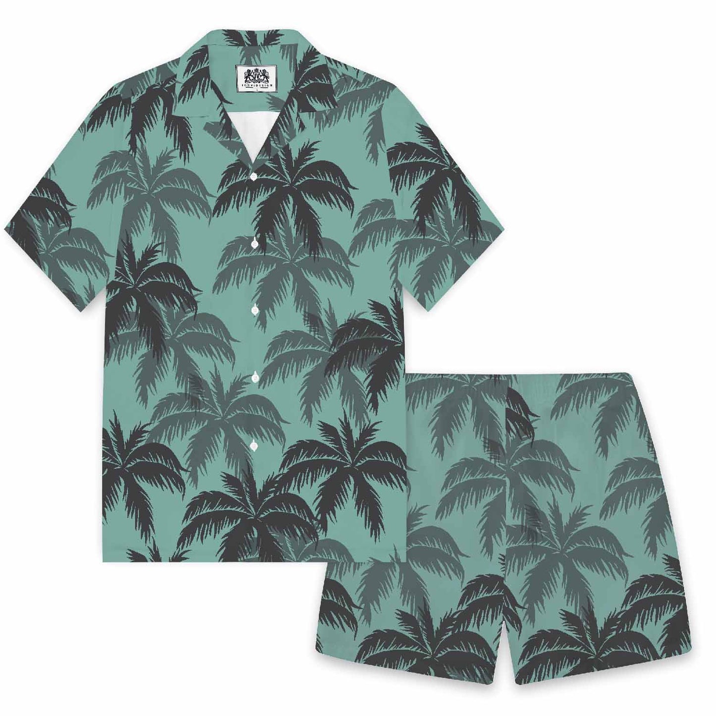 Green Hawaiian Leaf Pattern Camp Collar Short Sleeve Shirt