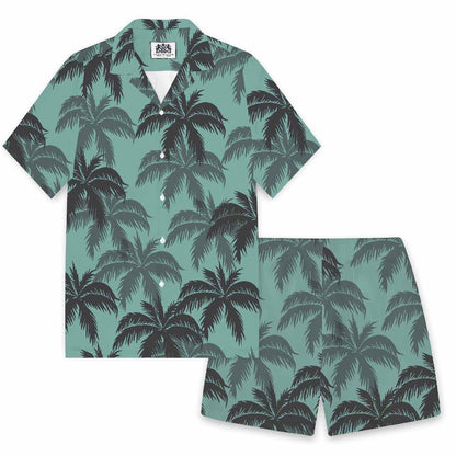 Green Hawaiian Leaf Pattern Camp Collar Short Sleeve Shirt