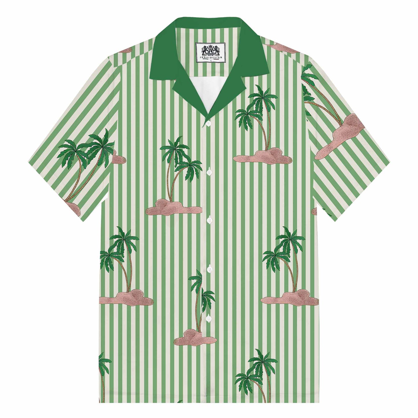 Green Striped Coconut Tree Pattern Camp Collar Short-Sleeved Shirt