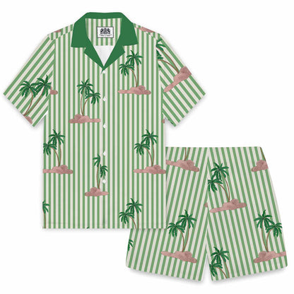 Green Striped Coconut Tree Pattern Camp Collar Short-Sleeved Shirt