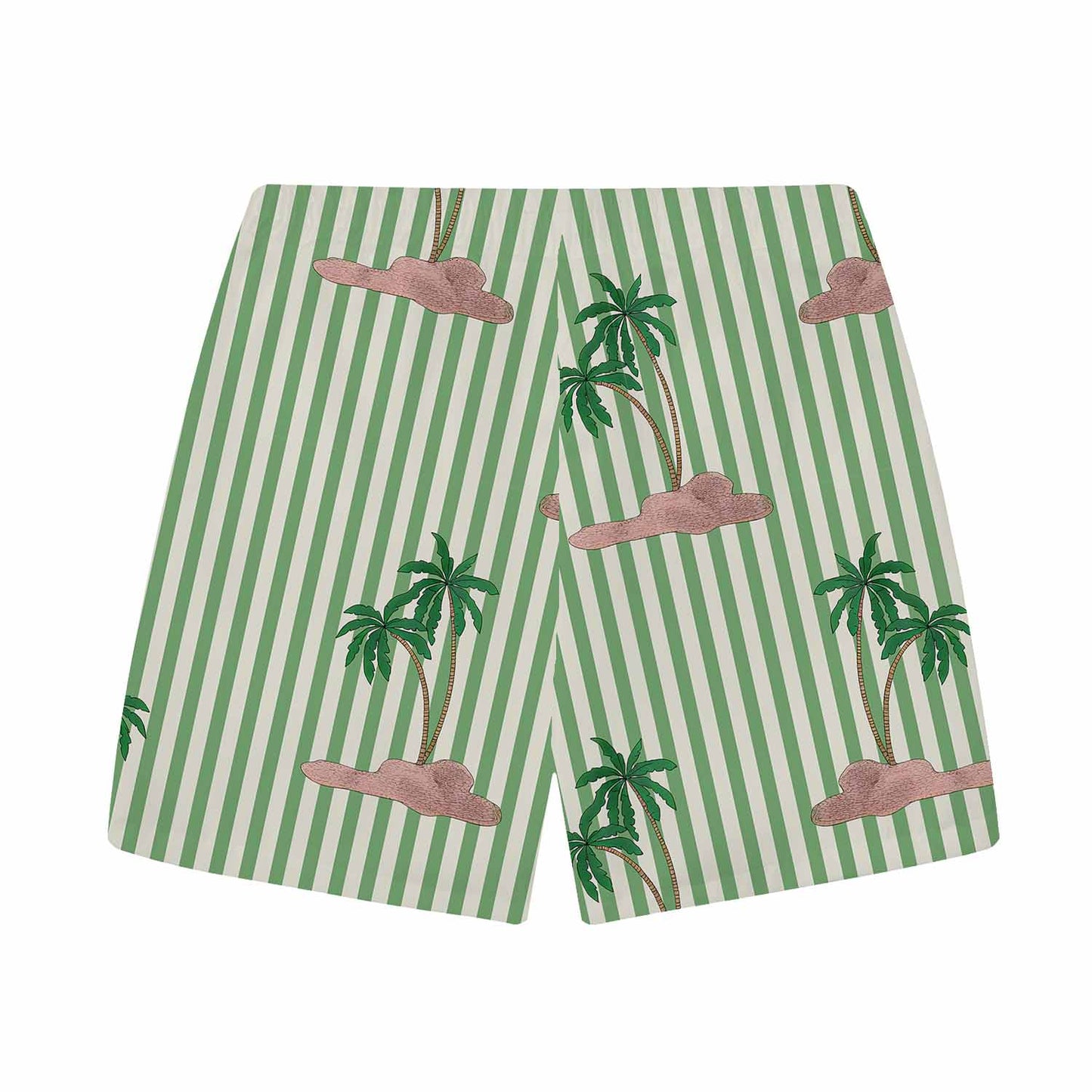 Green Striped Coconut Tree Pattern Elastic Waistband Summer Casual Shorts