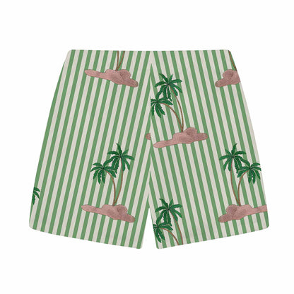 Green Striped Coconut Tree Pattern Elastic Waistband Summer Casual Shorts