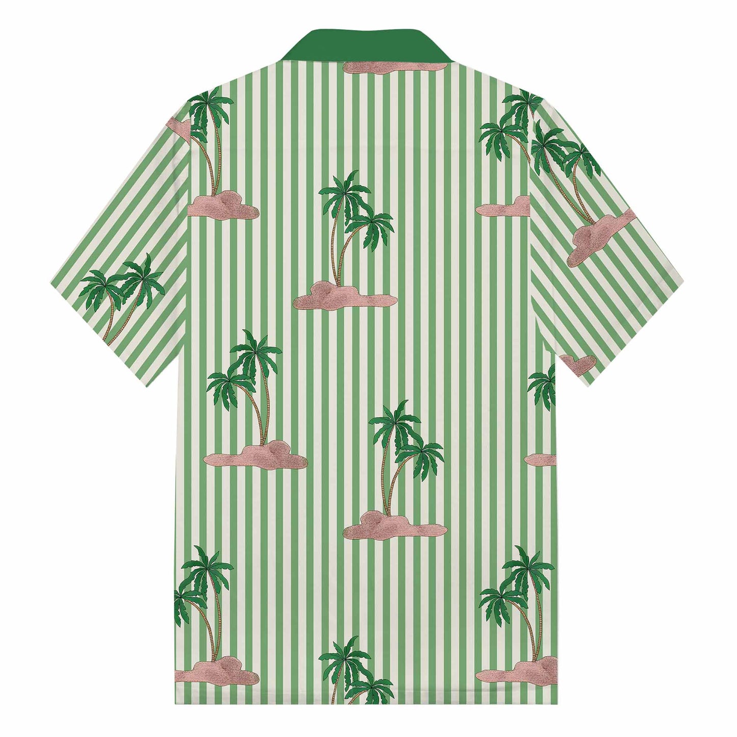 Green Striped Coconut Tree Pattern Camp Collar Short-Sleeved Shirt