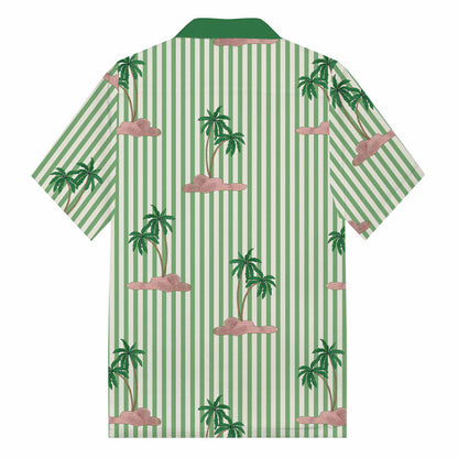 Green Striped Coconut Tree Pattern Camp Collar Short-Sleeved Shirt