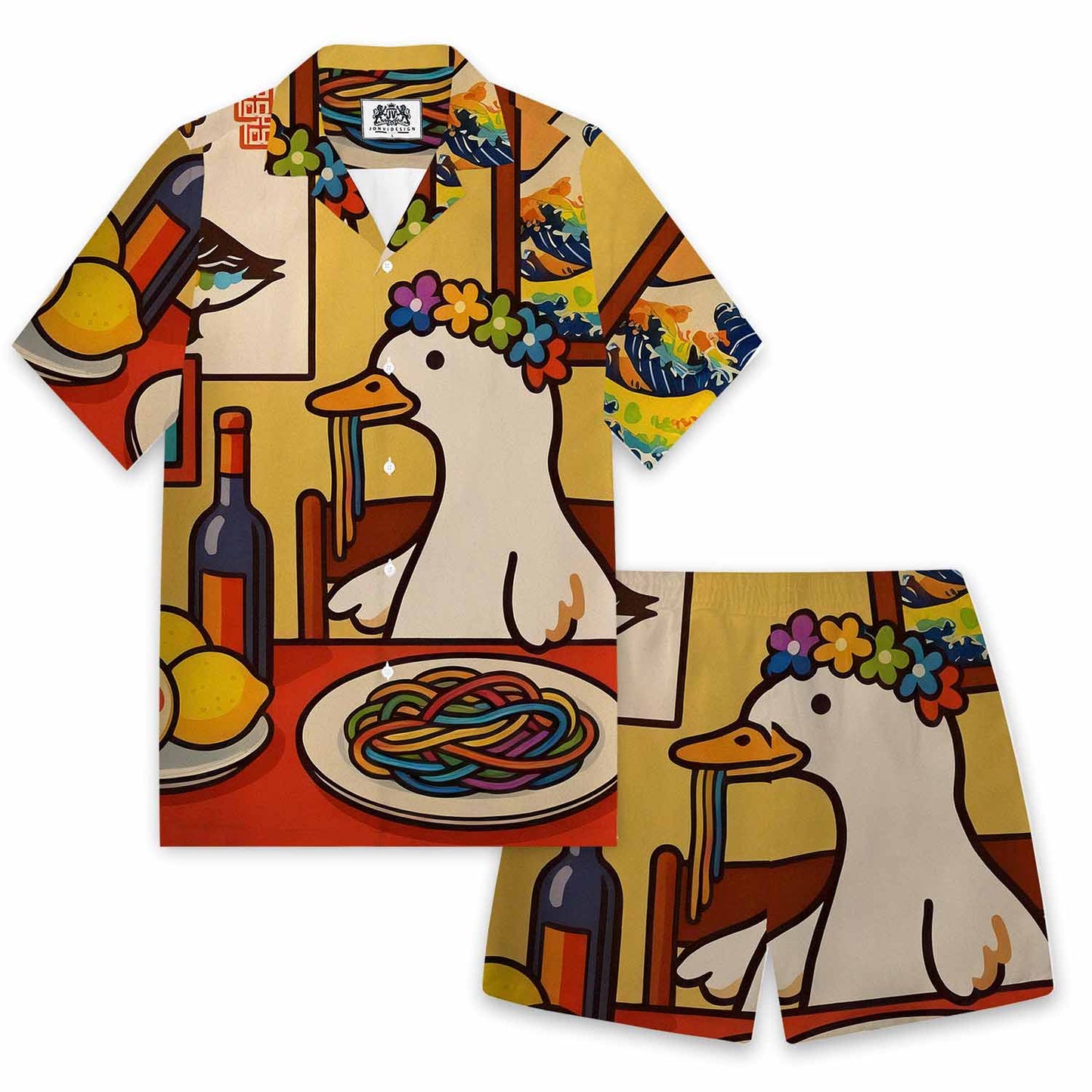 Funny Goose Eating Spaghetti Print Camp Collar Short-Sleeved Shirt