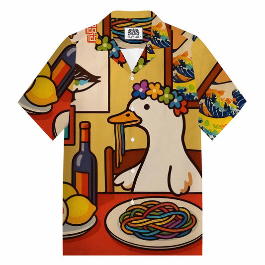 Funny Goose Eating Spaghetti Print Camp Collar Short-Sleeved Shirt