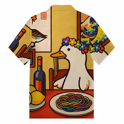 Funny Goose Eating Spaghetti Print Camp Collar Short-Sleeved Shirt