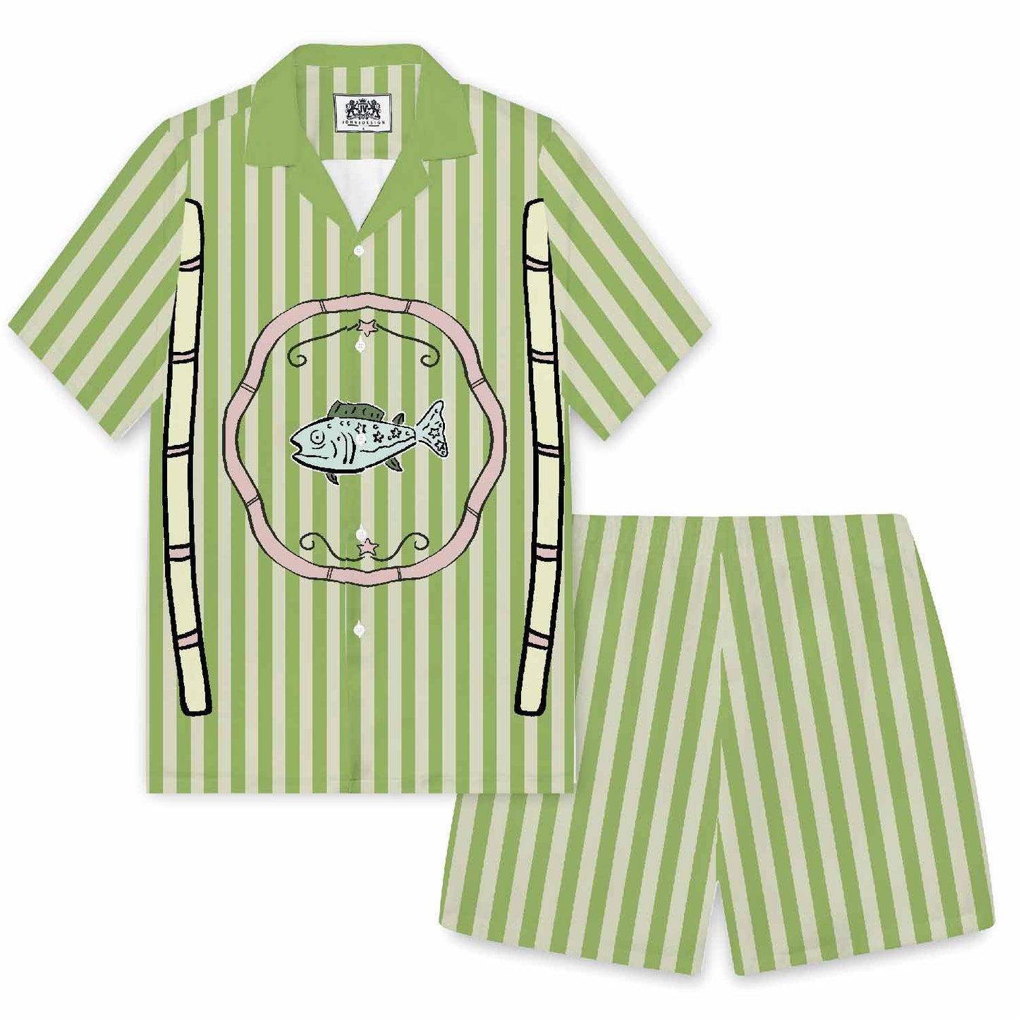 Green Vertical Stripes Fish Pattern Camp Collar Short Sleeve Shirt