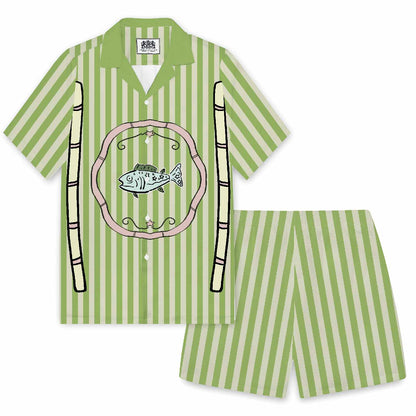 Green Vertical Stripes Fish Pattern Camp Collar Short Sleeve Shirt