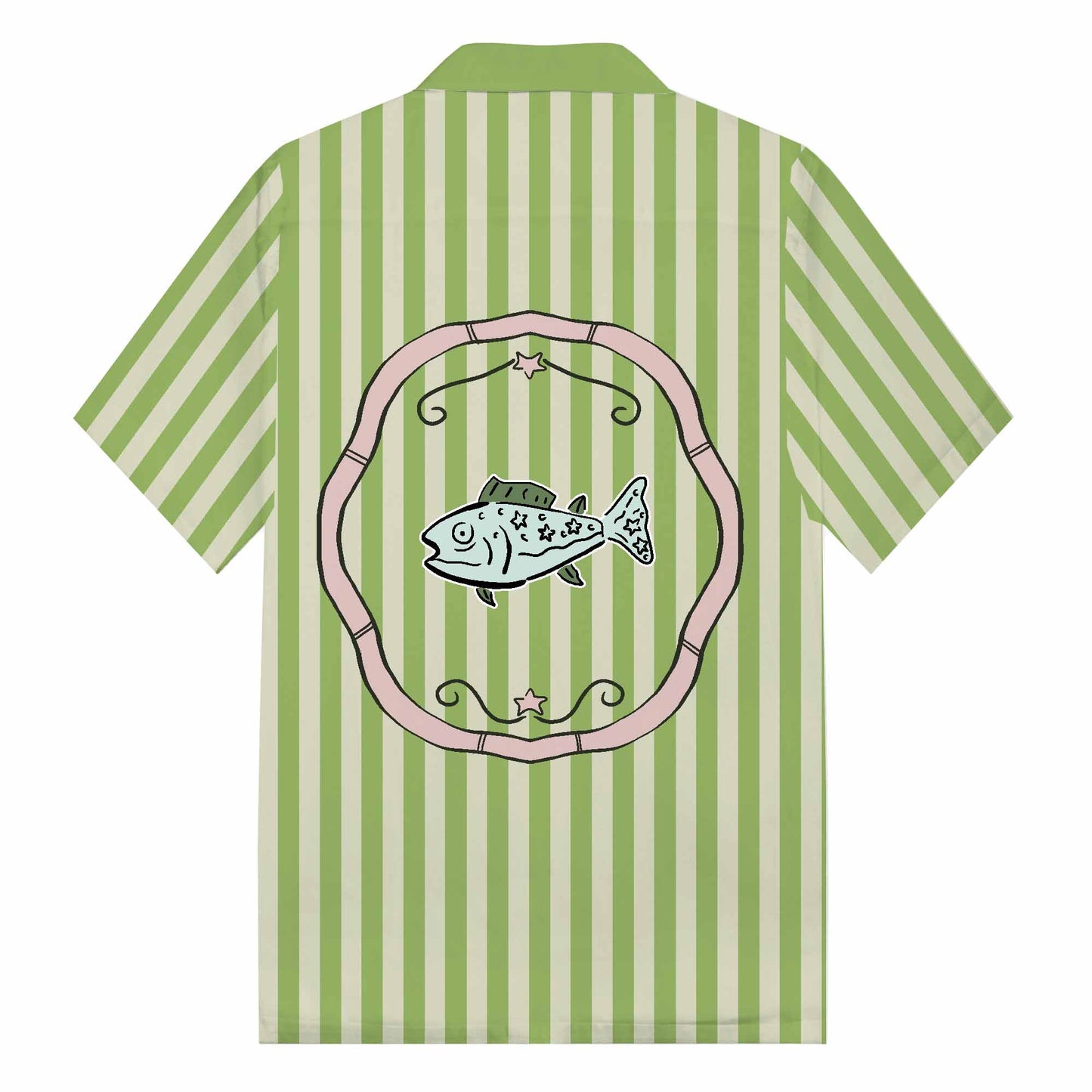 Green Vertical Stripes Fish Pattern Camp Collar Short Sleeve Shirt
