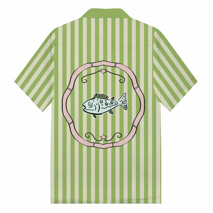 Green Vertical Stripes Fish Pattern Camp Collar Short Sleeve Shirt