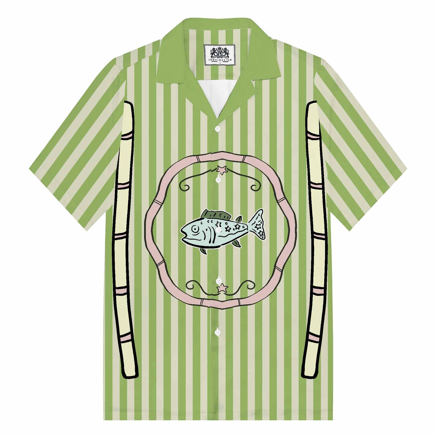 Green Vertical Stripes Fish Pattern Camp Collar Short Sleeve Shirt