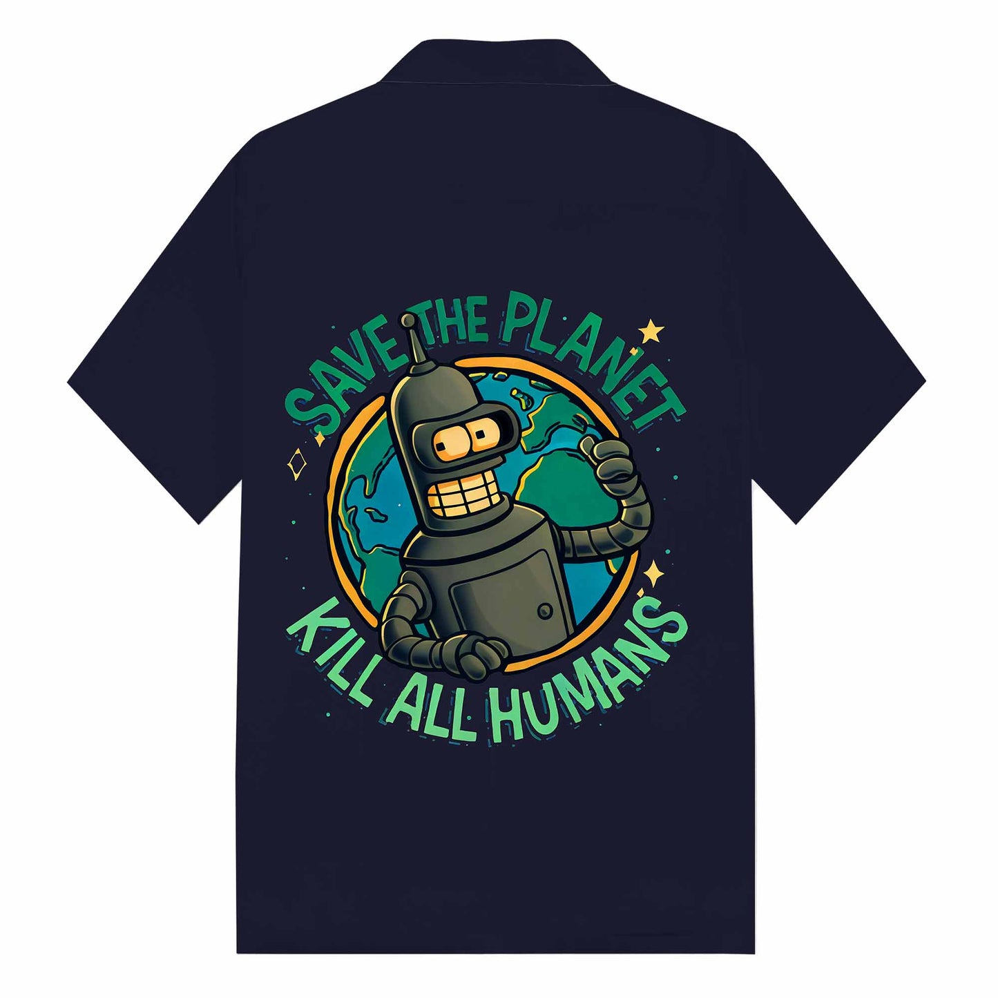 Save The Planet, Kill All Humans Print Camp Collar Short-Sleeved Shirt