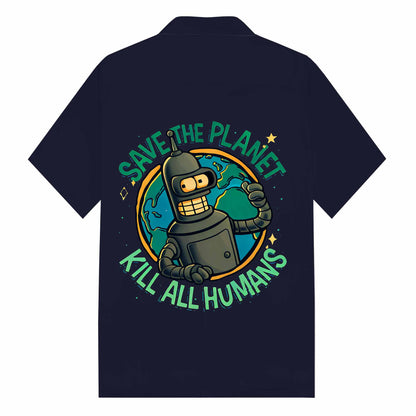 Save The Planet, Kill All Humans Print Camp Collar Short-Sleeved Shirt