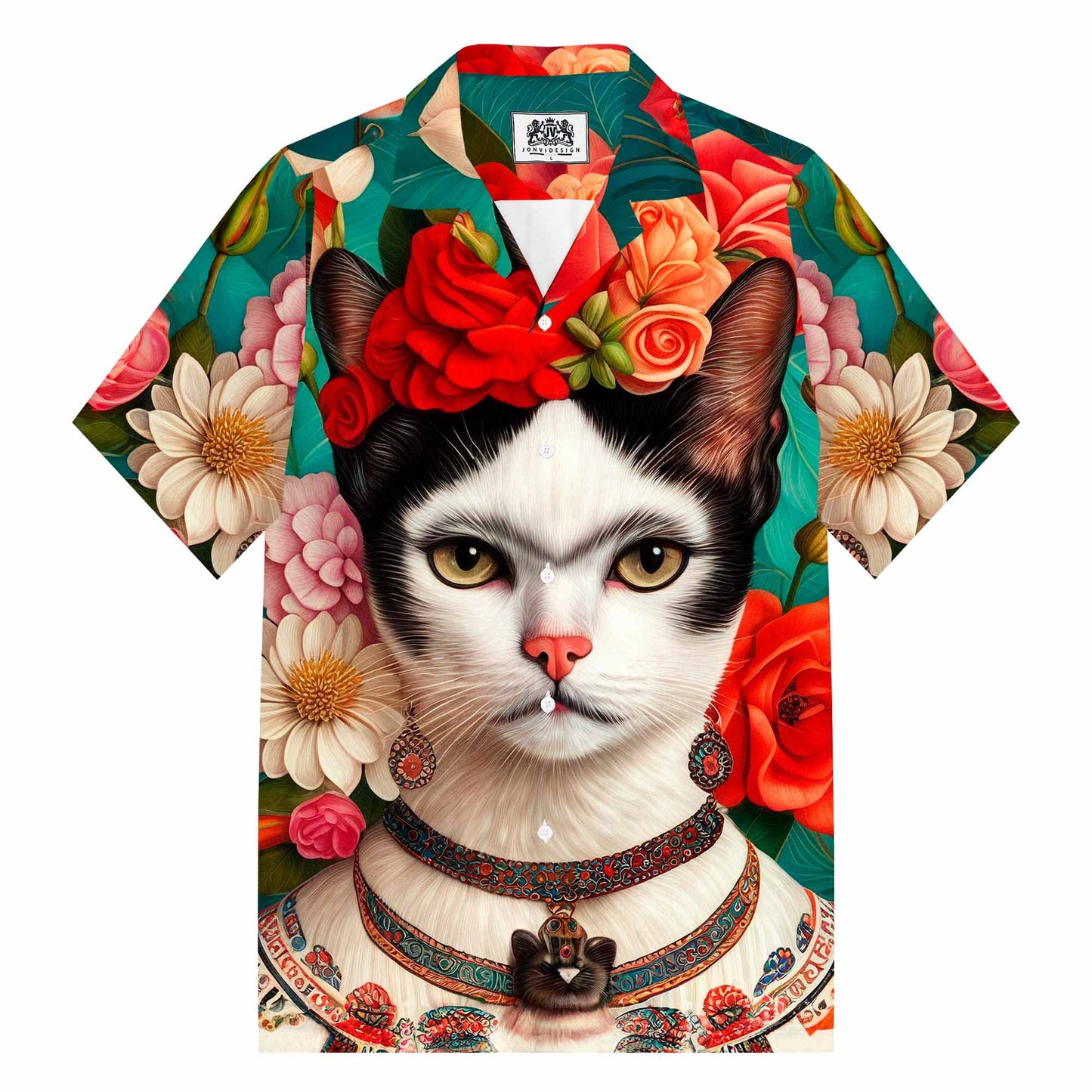 Floral Cat Print Camp Collar Short-Sleeved Shirt