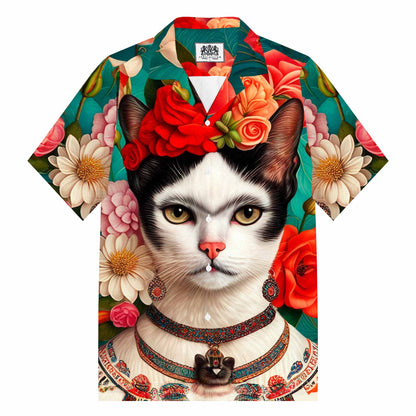 Floral Cat Print Camp Collar Short-Sleeved Shirt