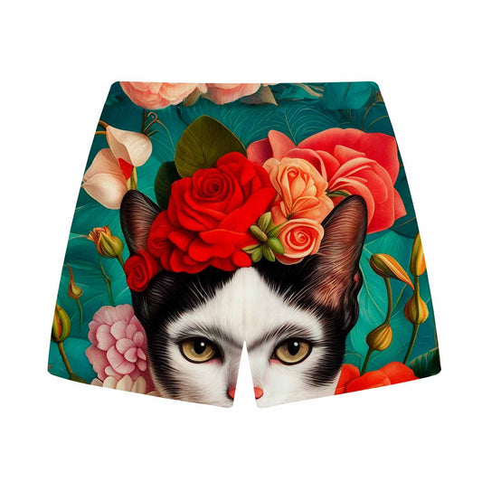 Floral Cat Print  Elastic Band Casual Shorts