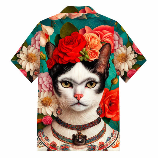 Floral Cat Print Camp Collar Short-Sleeved Shirt