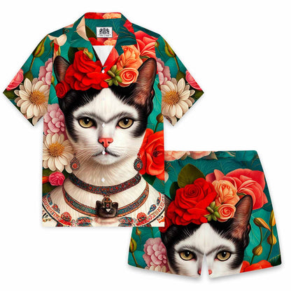 Floral Cat Print Camp Collar Short-Sleeved Shirt