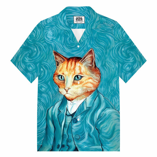 Cat Van Gogh Portrait Print Camp Collar Short-Sleeved Shirt