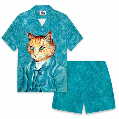 Cat Van Gogh Portrait Print Elastic Band Casual Shorts