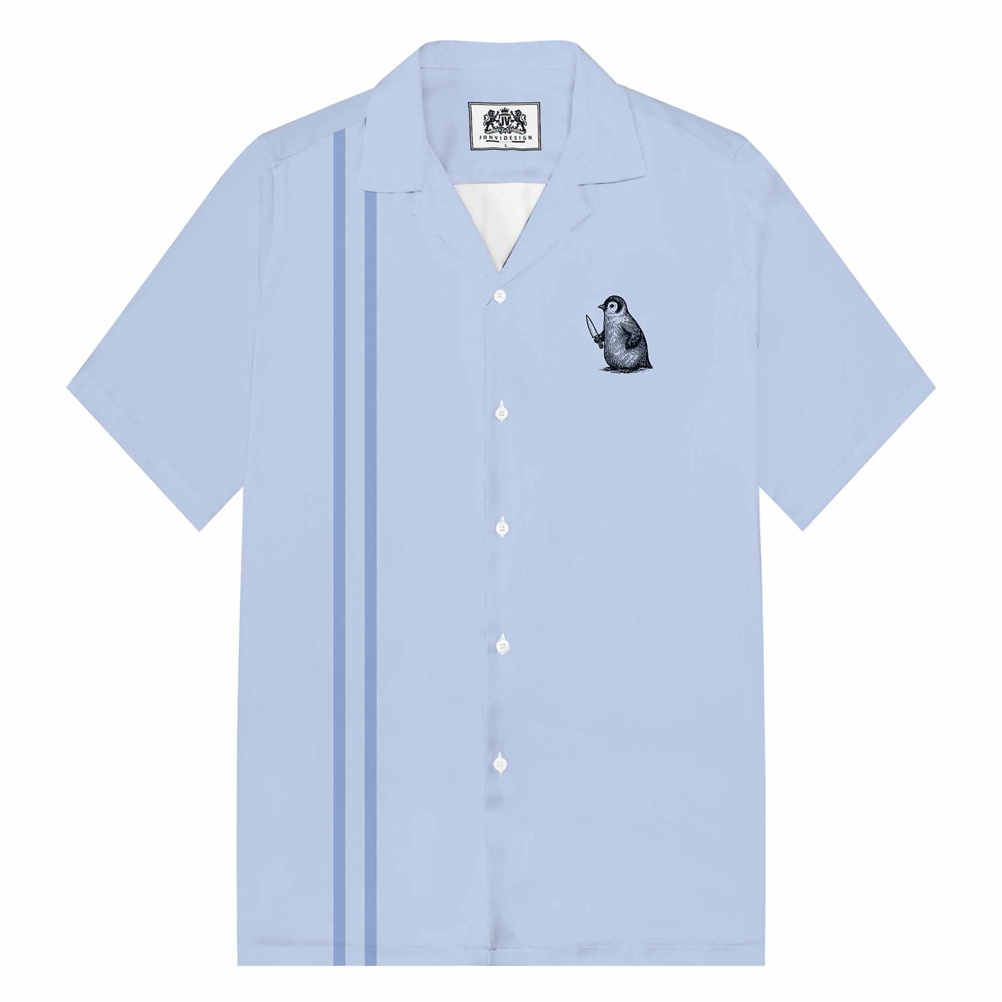 Fight Or Flight Funny Penguin Print Camp Collar Short-Sleeved Shirt