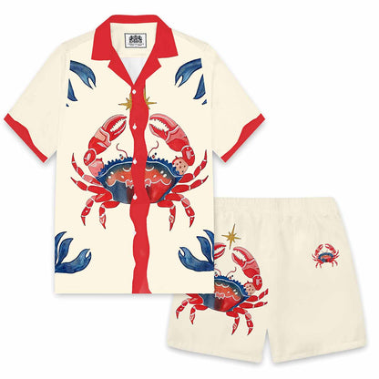 Beach Style Seafood Crab Pattern Camp Collar Short-Sleeved Shirt