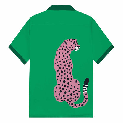 Leopard Print Green Camp Collar Short-Sleeved Shirt