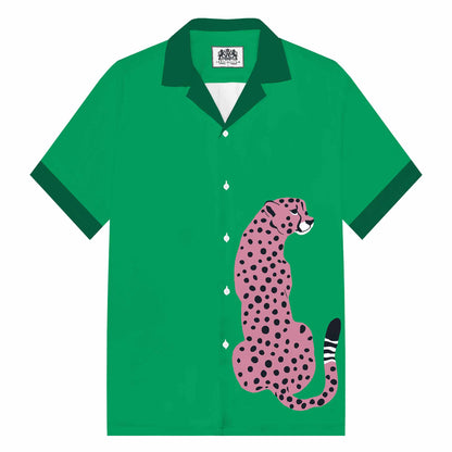 Leopard Print Green Camp Collar Short-Sleeved Shirt