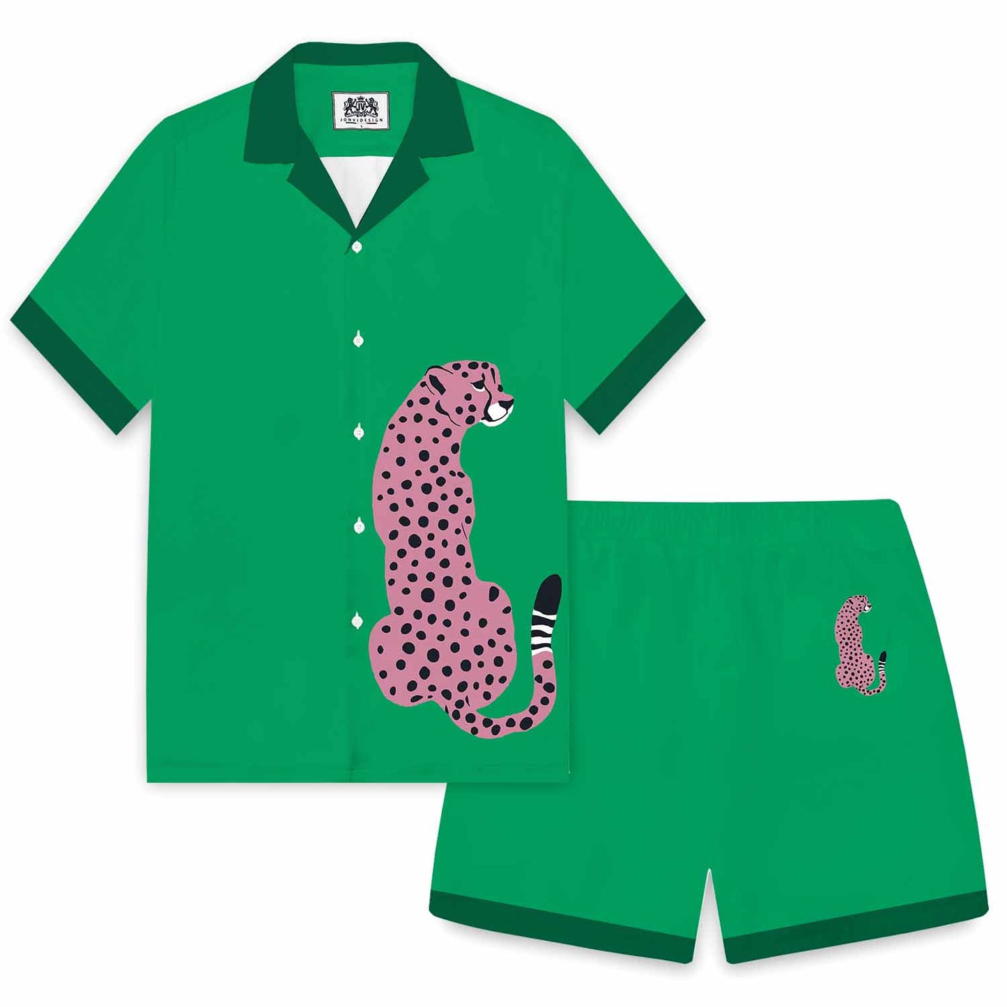 Leopard Print Green Elastic Waistband Summer Casual Shorts