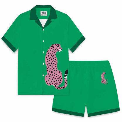 Leopard Print Green Elastic Waistband Summer Casual Shorts