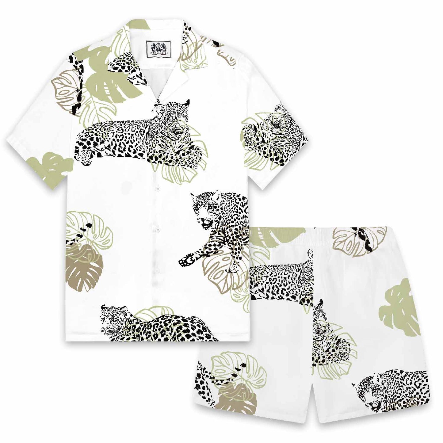 Tropical Leaves And Leopard Prints Elastic Waistband Summer Casual Shorts