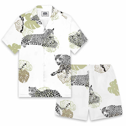 Tropical Leaves And Leopard Prints Elastic Waistband Summer Casual Shorts