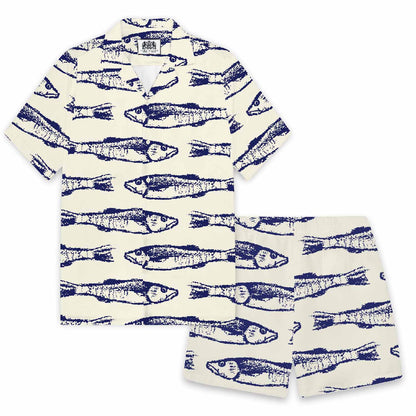 Vintage Fish Pattern Prints Camp Collar Short-Sleeved Shirt