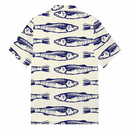 Vintage Fish Pattern Prints Camp Collar Short-Sleeved Shirt