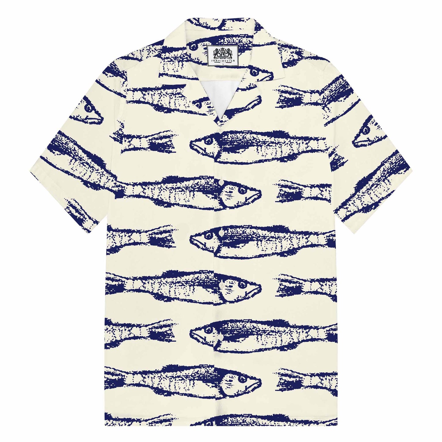 Vintage Fish Pattern Prints Camp Collar Short-Sleeved Shirt